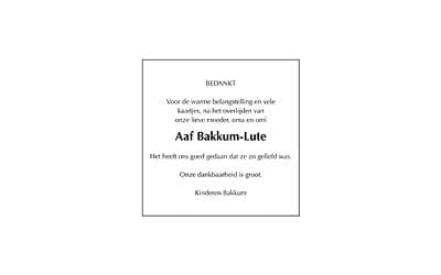 Dankbetuiging Mevr. A. Bakkum – Lute