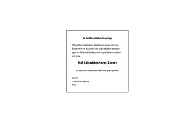 Dankbetuiging Mevr. N. Schaddenhorst – Zwart
