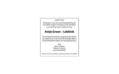Dankbetuiging Mevr. A. Groen – Lebbink
