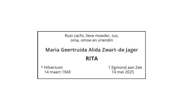 Rouwadvertentie Rita Zwart-de Jager