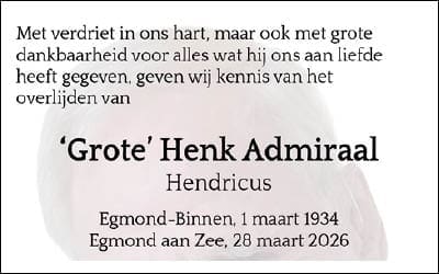 Rouwadvertentie Henk Admiraal